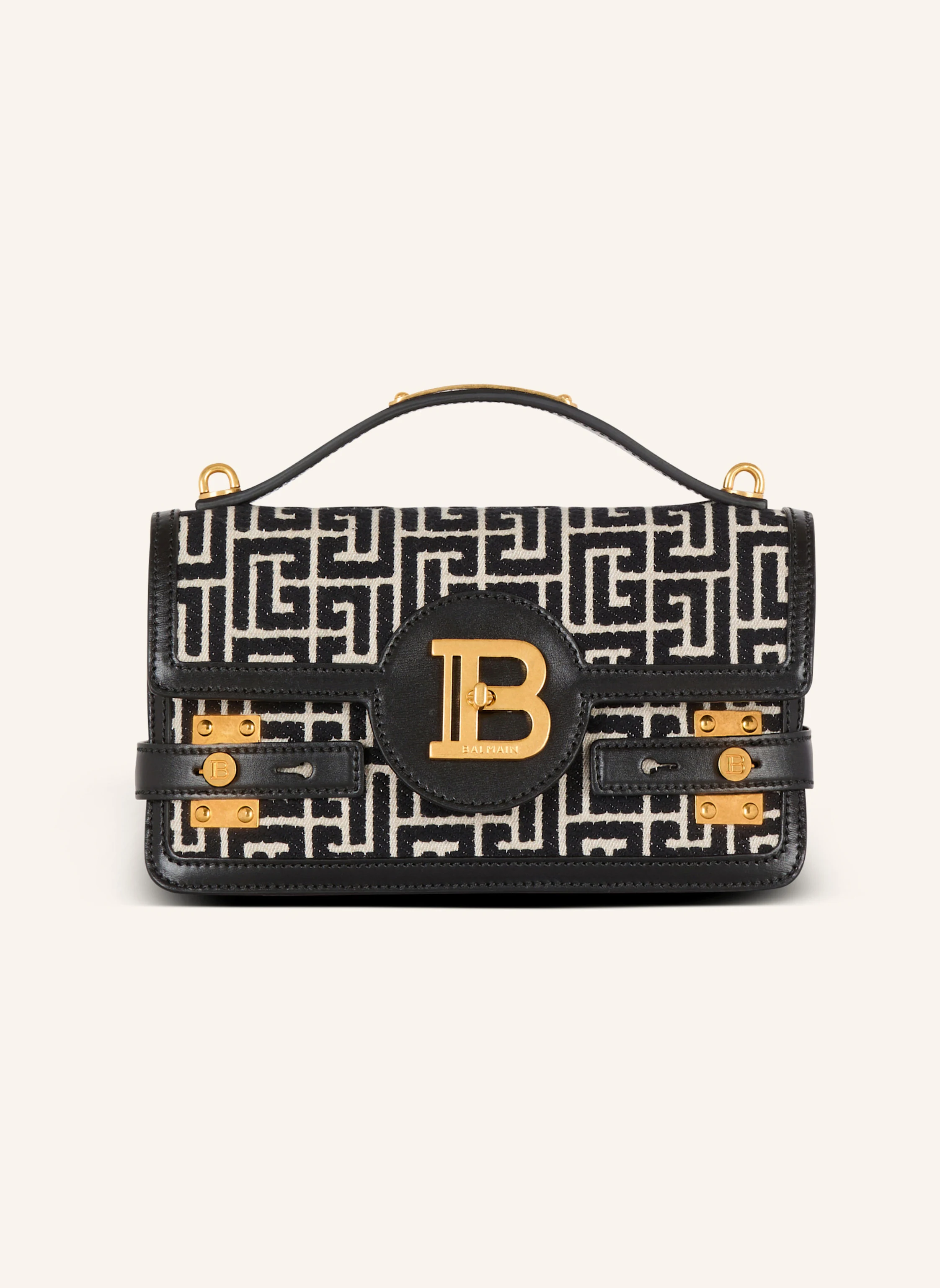 BALMAIN Tasche B-Buzz Shoulder 24 aus Jacquard-Canvas mit PB-Monogramm und Kalbsleder