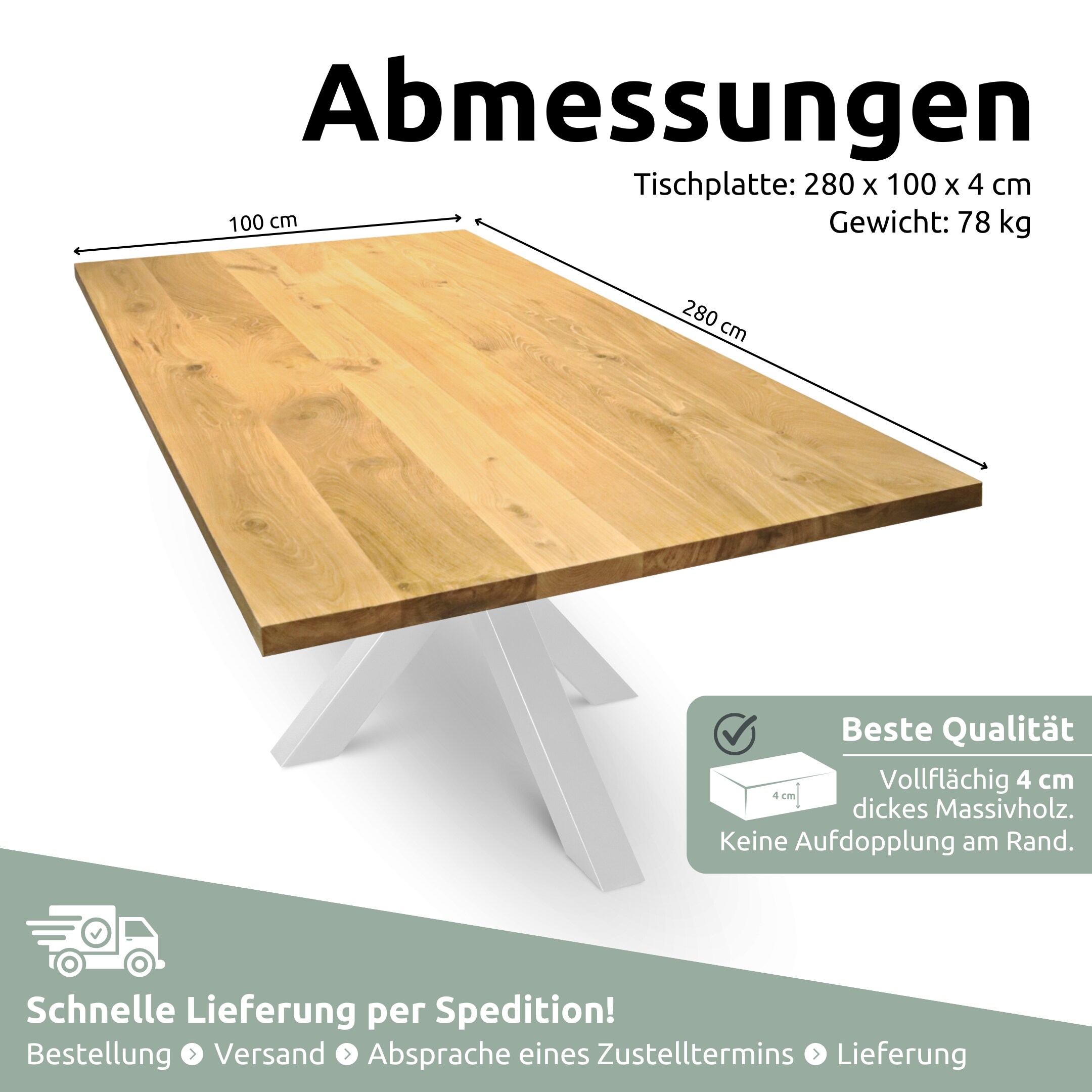 holz4home® Tischplatte 280cm x 100cm ohne Baumkante aus massiver Eiche