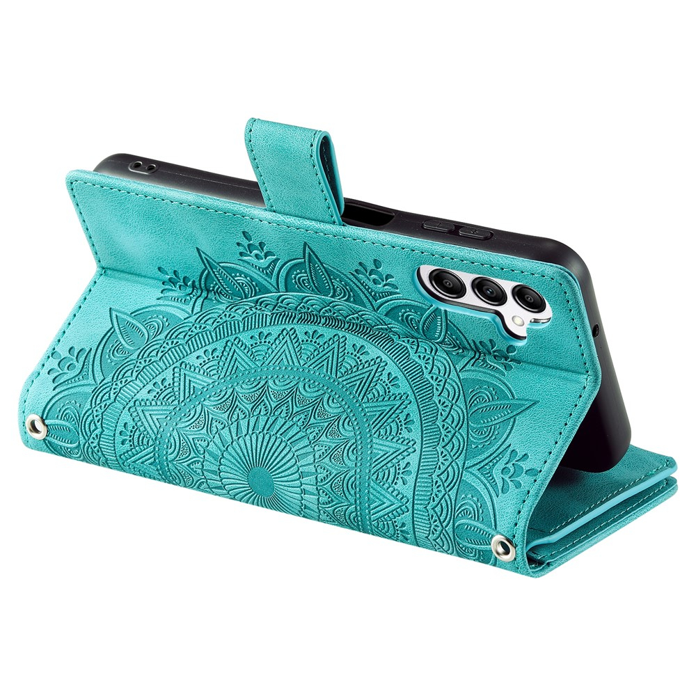Samsung Galaxy S25 FE Leder Tasche Flip Cover mit Reissverschluss - Mandala Flowers Imprint - Türkis
