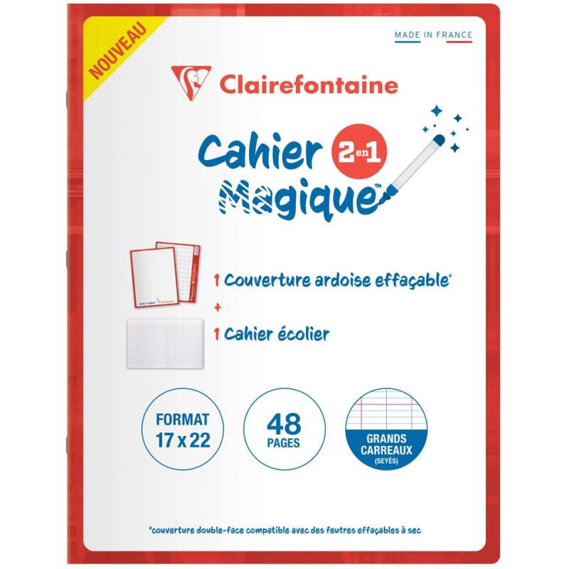 Cahier Magique couverture ardoise double-face effaçable piqué 17x22cm 48 pages grands carreaux (Seyès tricolore) - Rouge