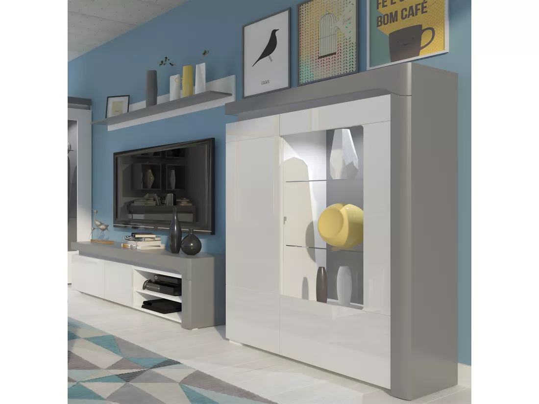 Vaisselier 2 portes droite LED inclus Teo Blanc et Gris