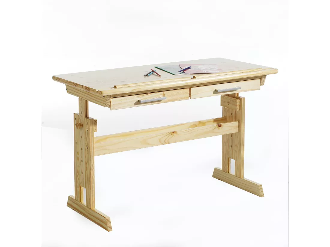 Bureau enfant écolier junior OLIVIA table à dessin réglable en hauteur et pupitre inclinable avec 2 tiroirs en pin massif naturel