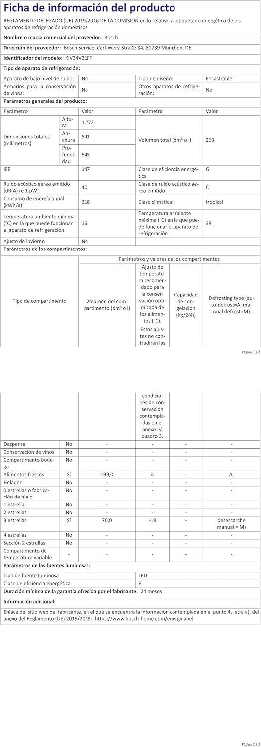 Bosch KIV34V21FF Réfrigérateur Combiné intégrable 275 L Classe: A+ [Classe énergétique G]