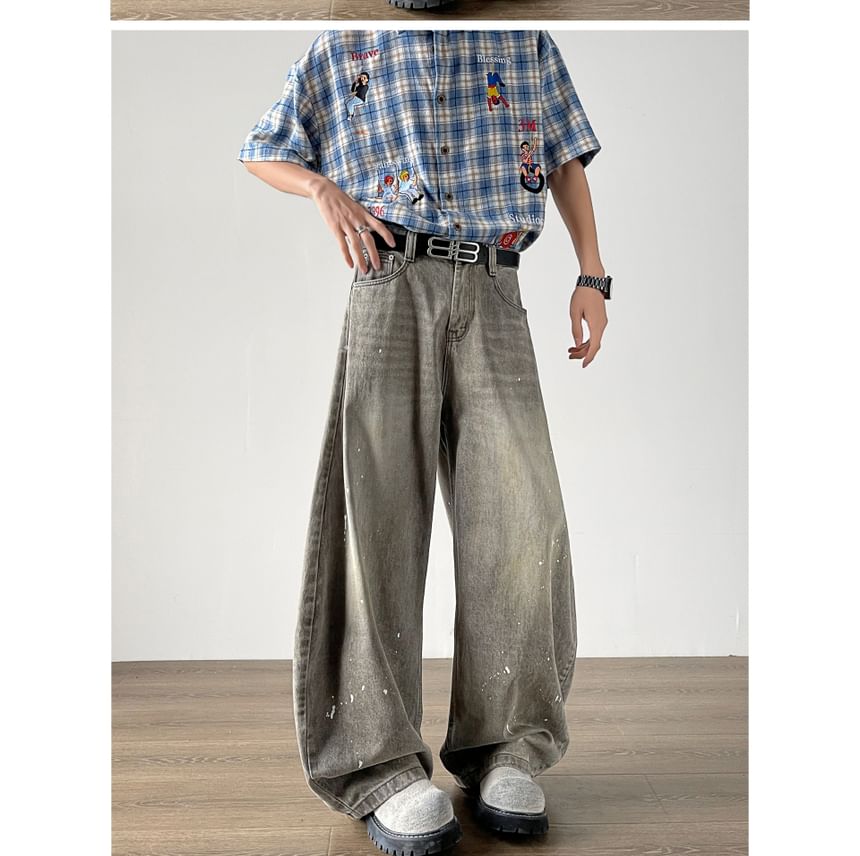 Filmas - Mid Rise Splash Print Washed Wide Leg Jeans