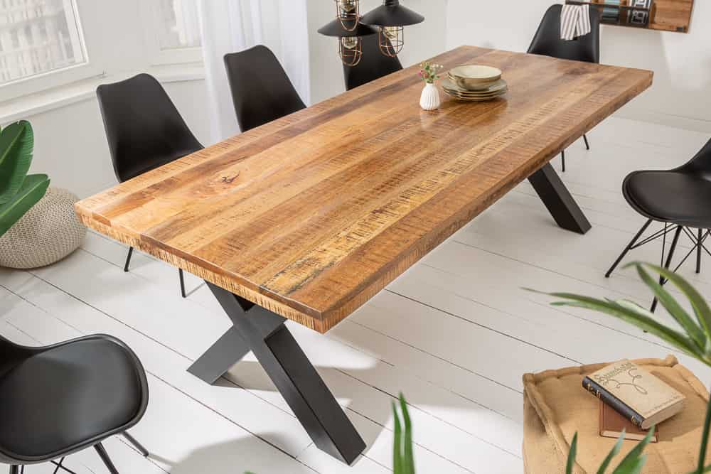 Massiver Esstisch IRON CRAFT 240cm natur Mangoholz Industrial Design X-Gestell schwarz Metall