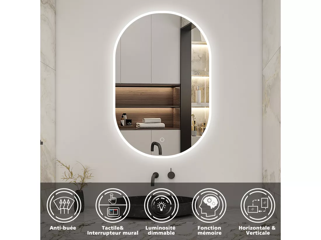 AICA LED Miroir lumineux ovale 60 x 80cm avec anti-buée + dimmable + mémoire, Miroir salle de bain