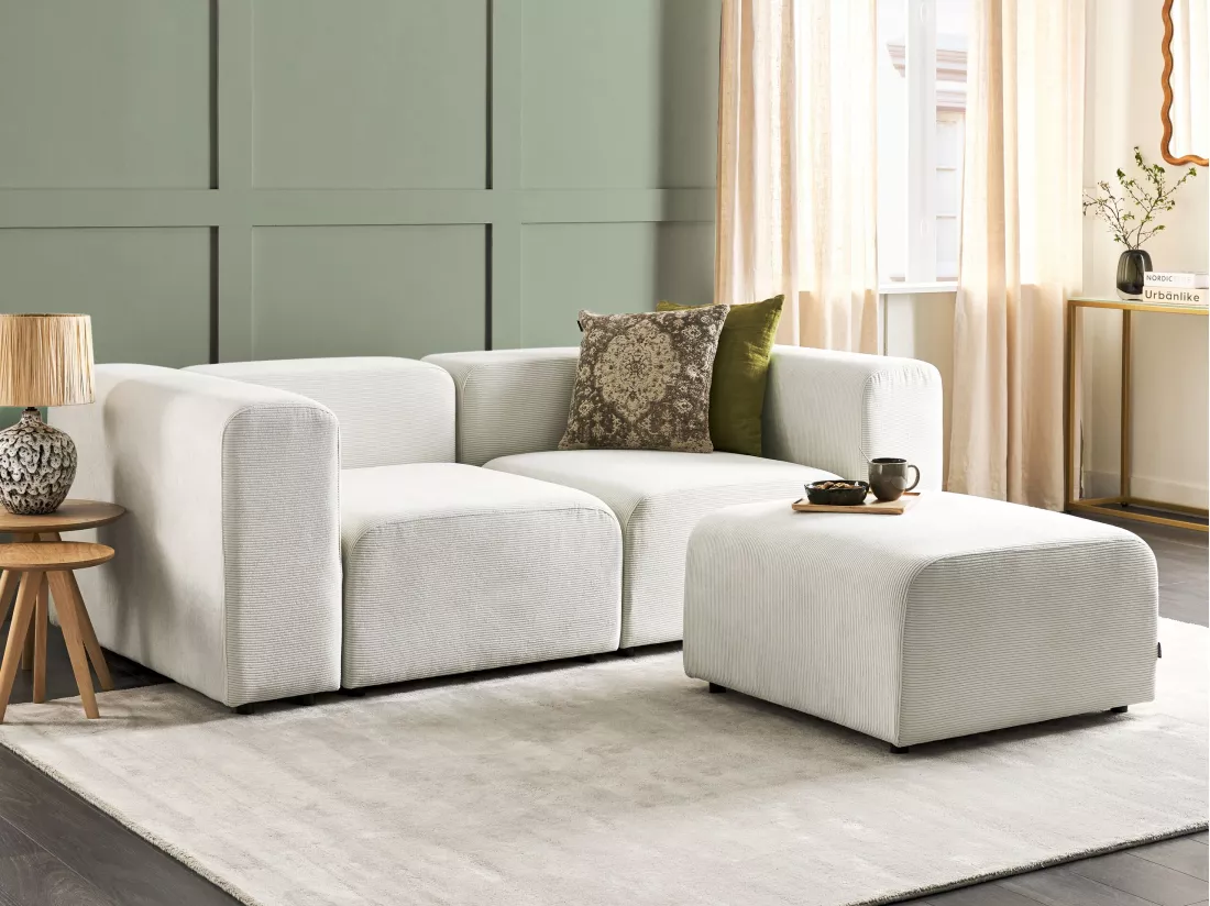 Canapé 2 places modulable avec ottoman en velours côtelé blanc FALSTERBO
