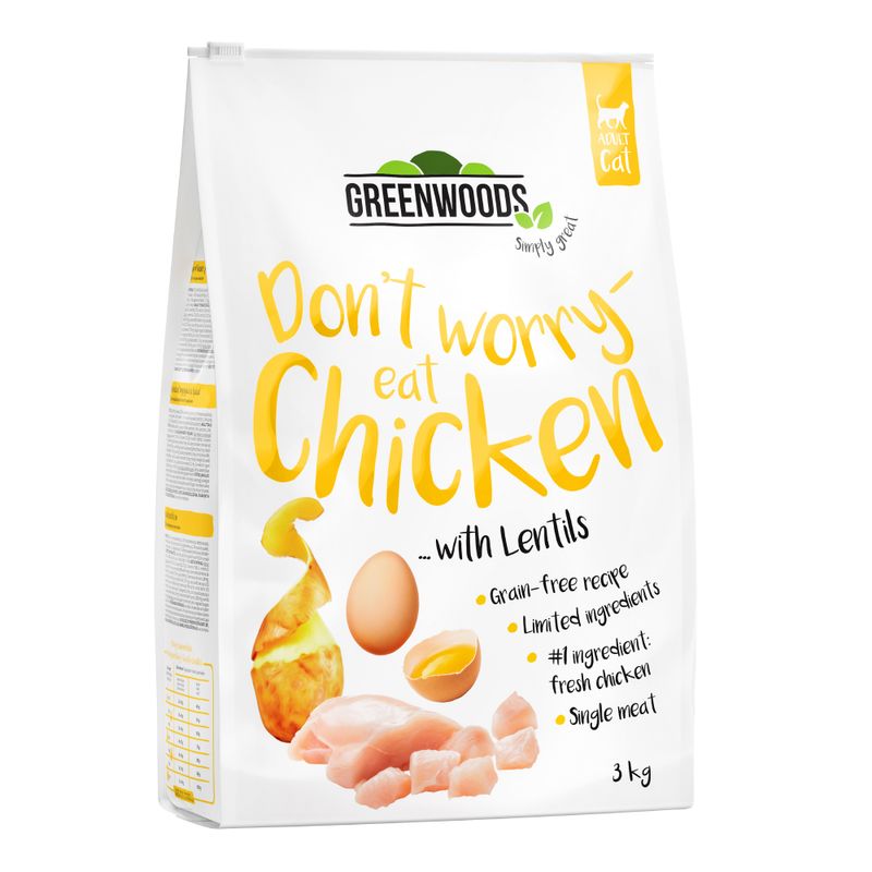 Greenwoods poulet, lentilles, pommes de terre, œuf pour chat