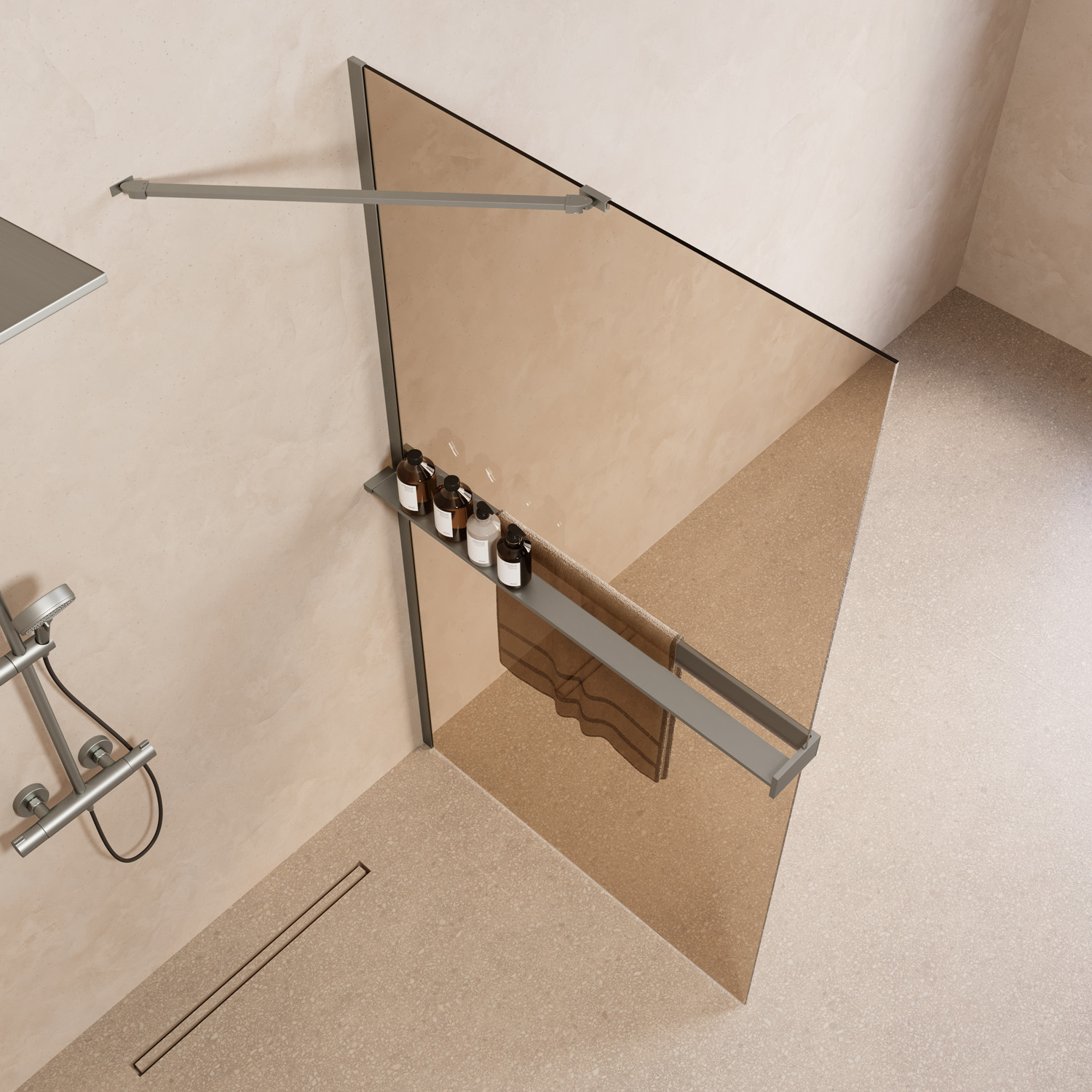 Saniclear Oblique inloopdouche 120cm met handdoekhouder en bronsglas RVS