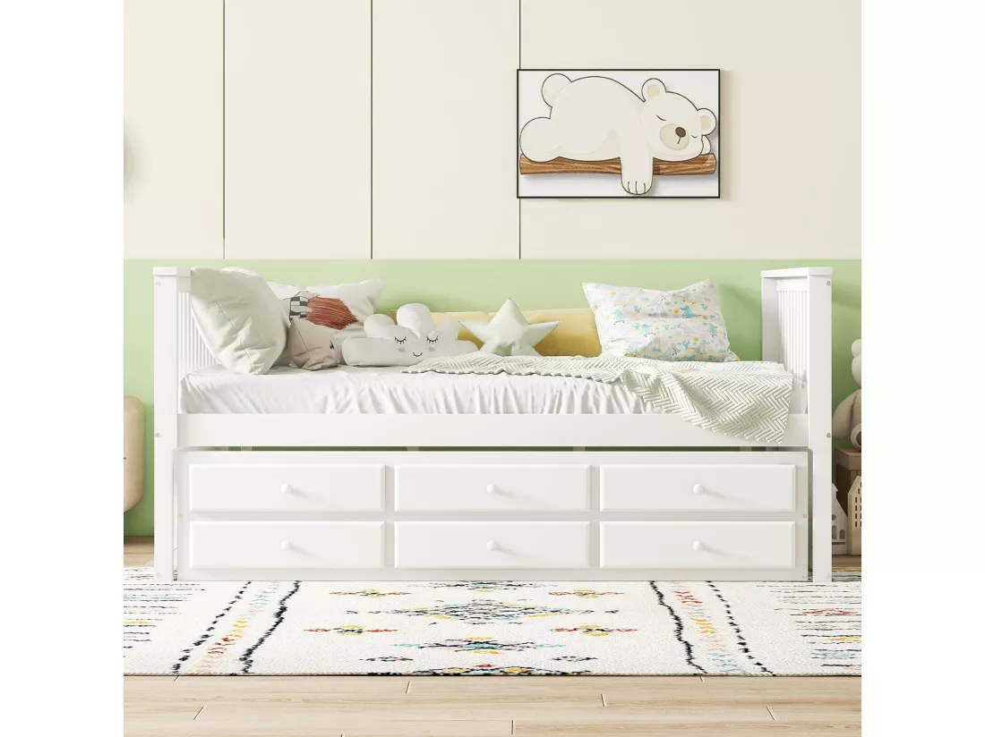 Lit en bois 140x200cm avec un lit gigogne 90x190cm - 3 tiroirs - Blanc