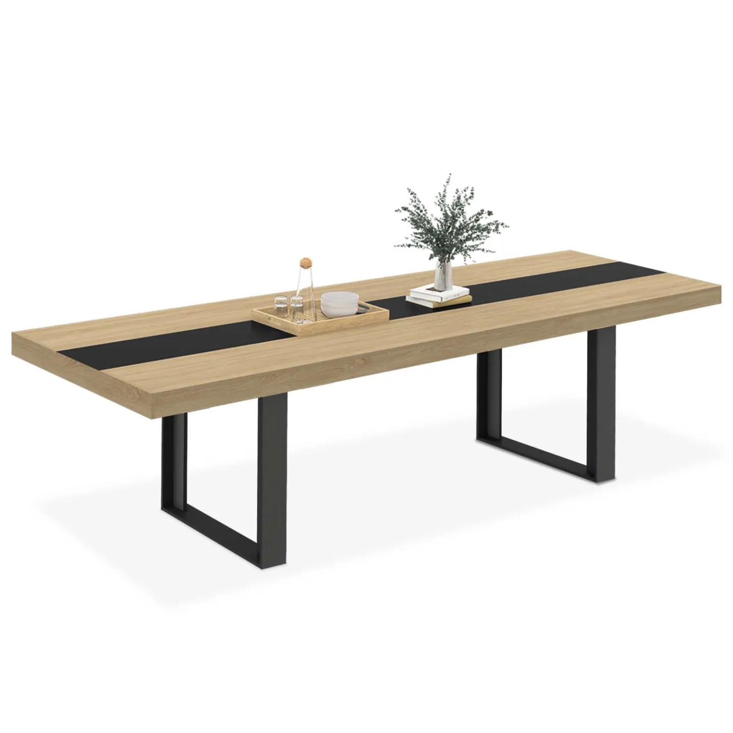 Table à manger extensible rectangle PHOENIX 6-12 personnes bois et noir bande centrale noire 200-300 cm
