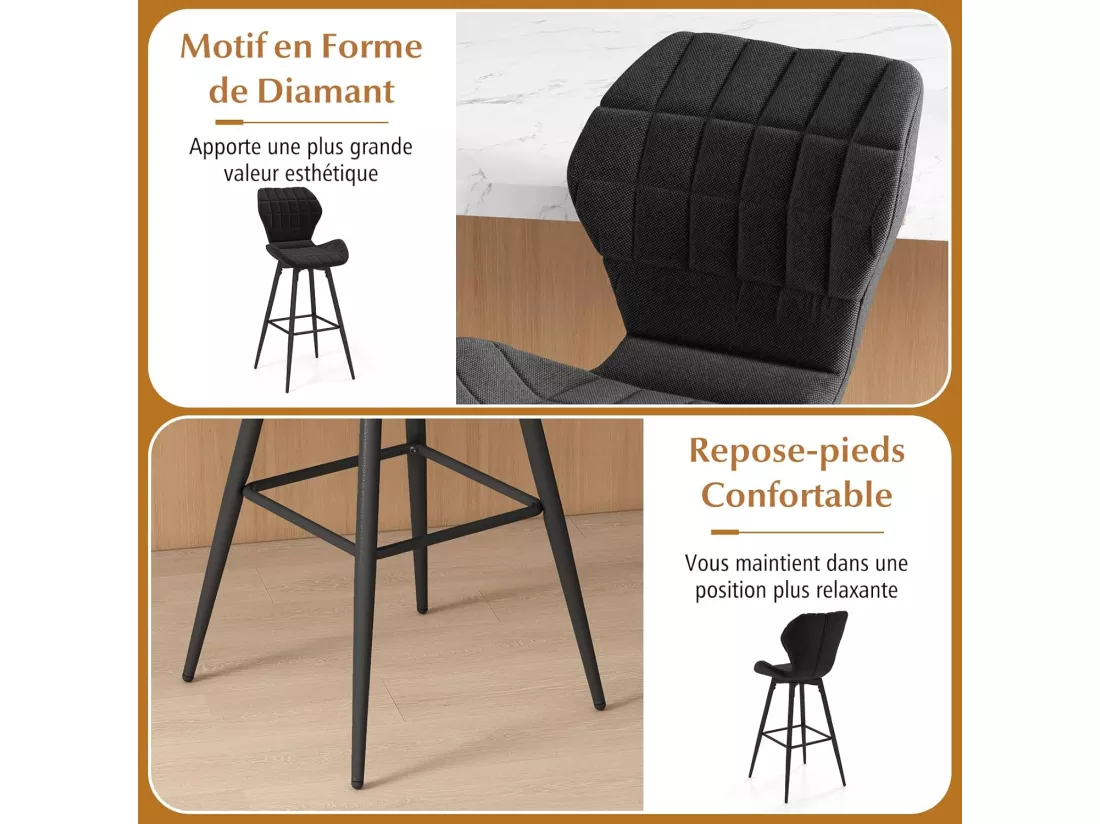 Tabouret de bar, chaise de bar lot de 2, hauteur d'assise 71,5 cm, dossier incurvé