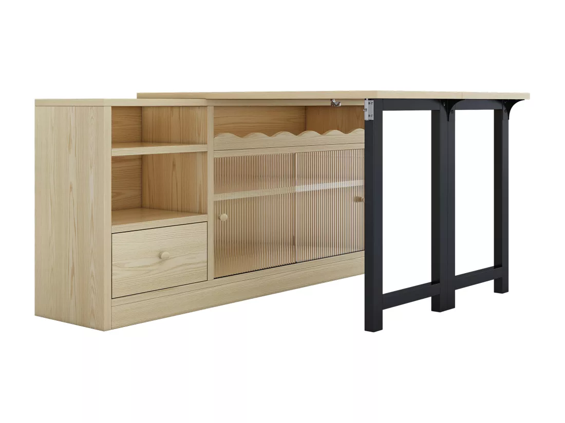 Meuble de bar、Buffet avec table pliante escamotable - grand espace de rangement - Naturel & Noir