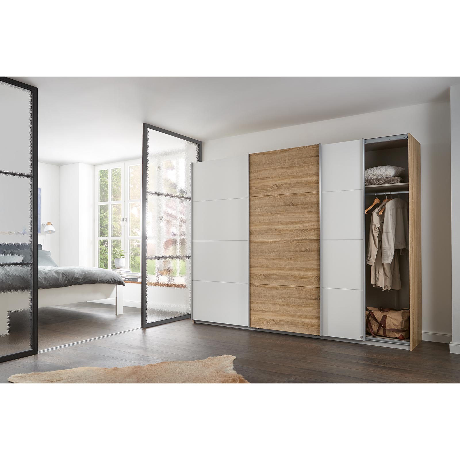 Schwebetürenschrank - alpinweiß - Eiche Sonoma - 271x210 cm