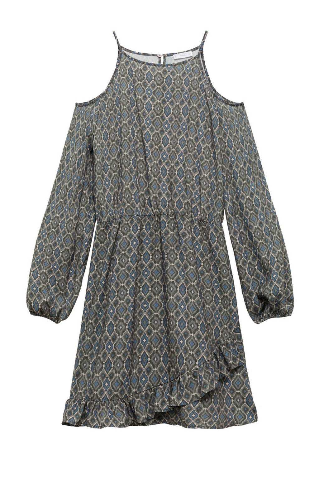 MANGO TEEN open shoulder jurk met all over print en volant beige - kaki