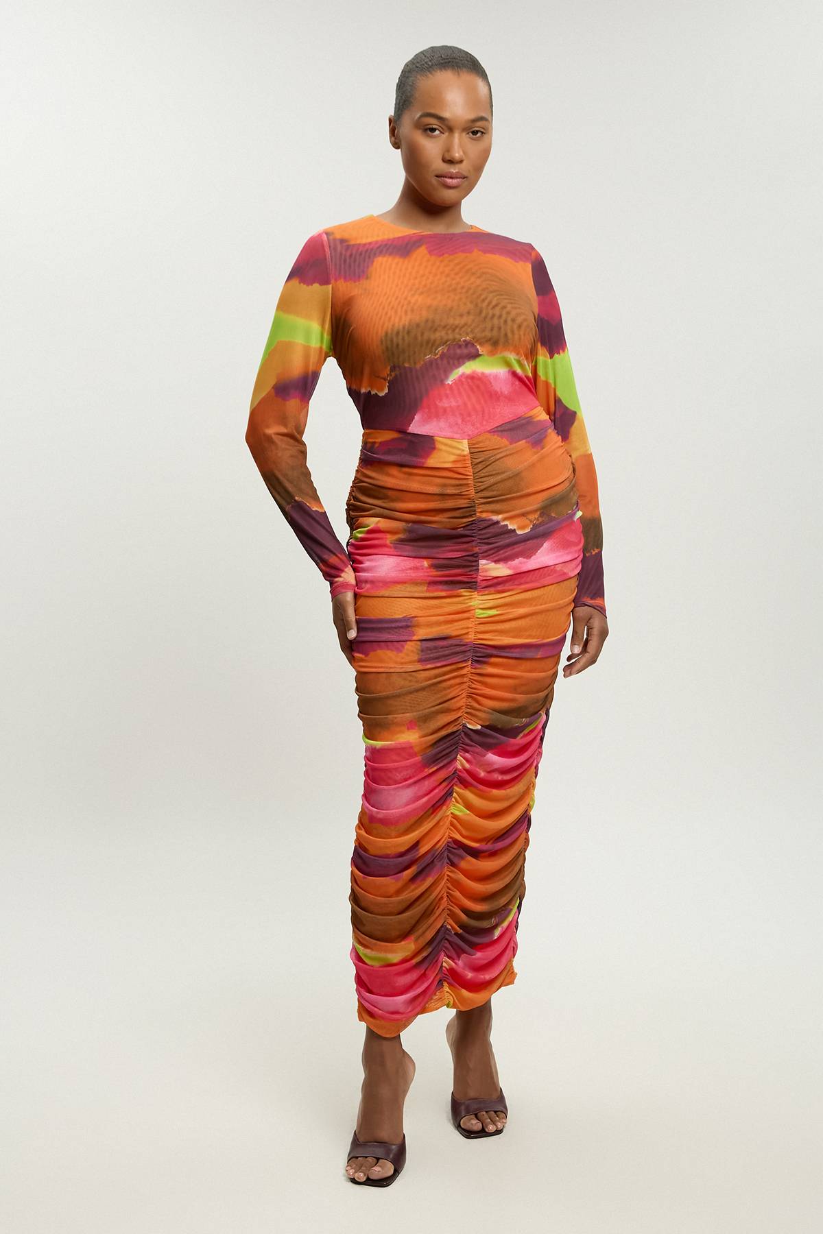 KarenMillen Robe Maxi Froncée En Mesh Imprimé Marbré Grande Taille