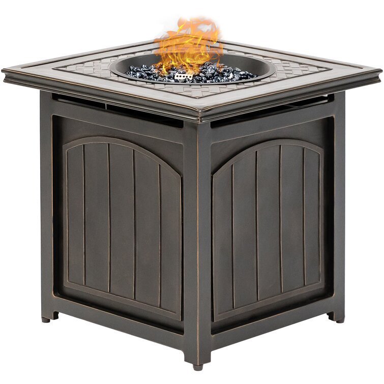 3/5-Piece Steel Patio Fire pit Conversation Set with Sahara Sand Cushions and 26 in. Square Fire pit Side Table