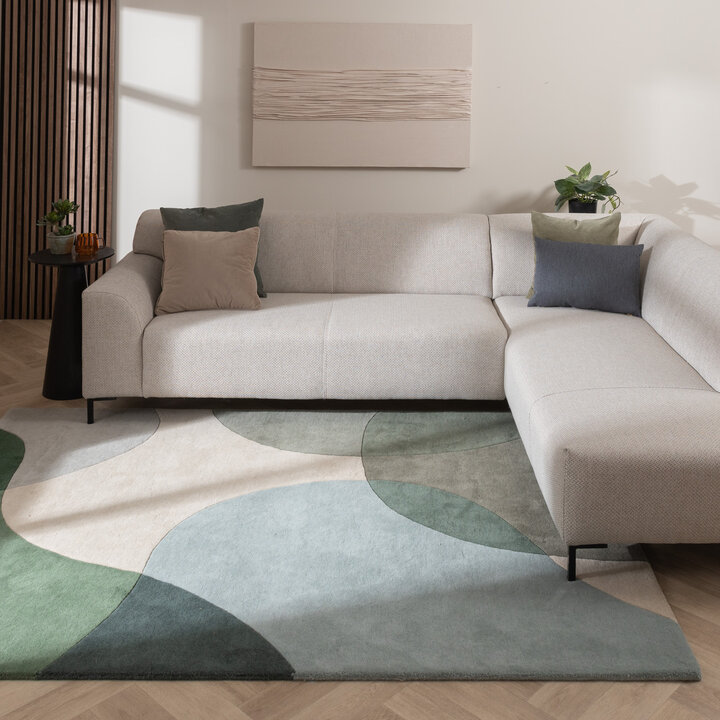 Wollen abstract vloerkleed - Clarice Olijfgroen/Mint