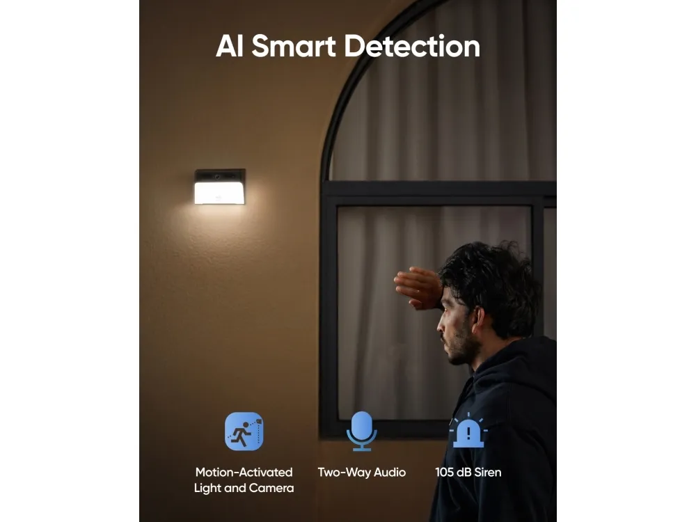 Eufy Solar Wall Light Cam S120, IP-sikkerhedskamera, Udendørs, Trådløs, Amazon Alexa & Google Assistant, 4000 K, Væg