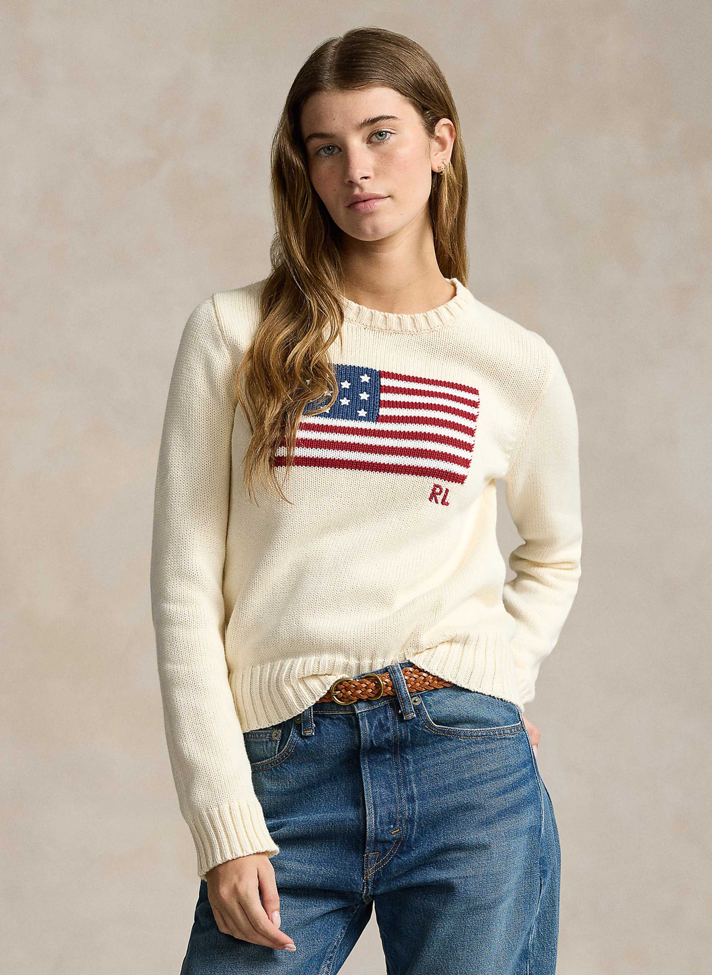Pull col rond en coton | Beige