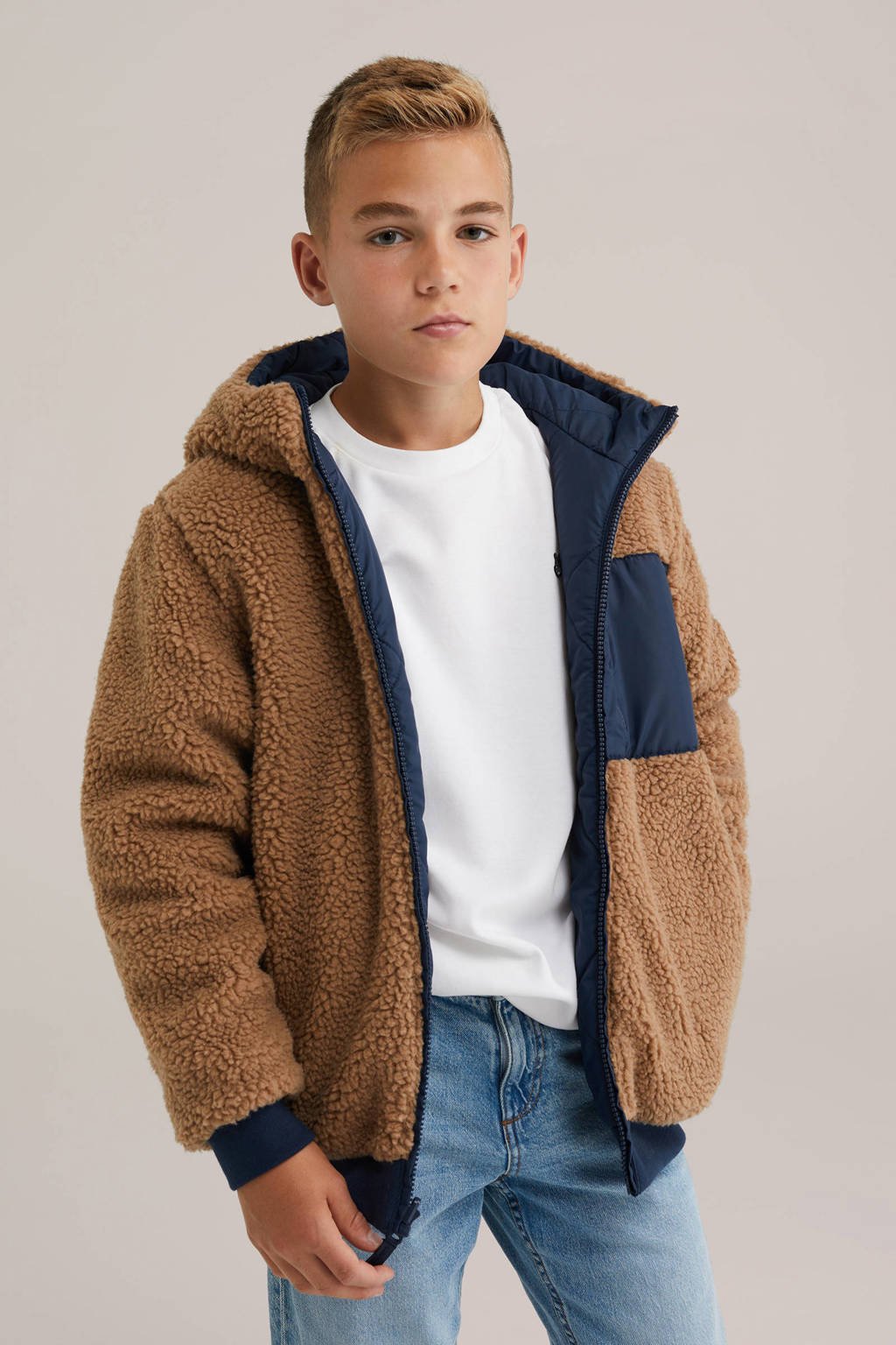 WE Fashion Blue Ridge teddy reversible jas winter donkerblauw