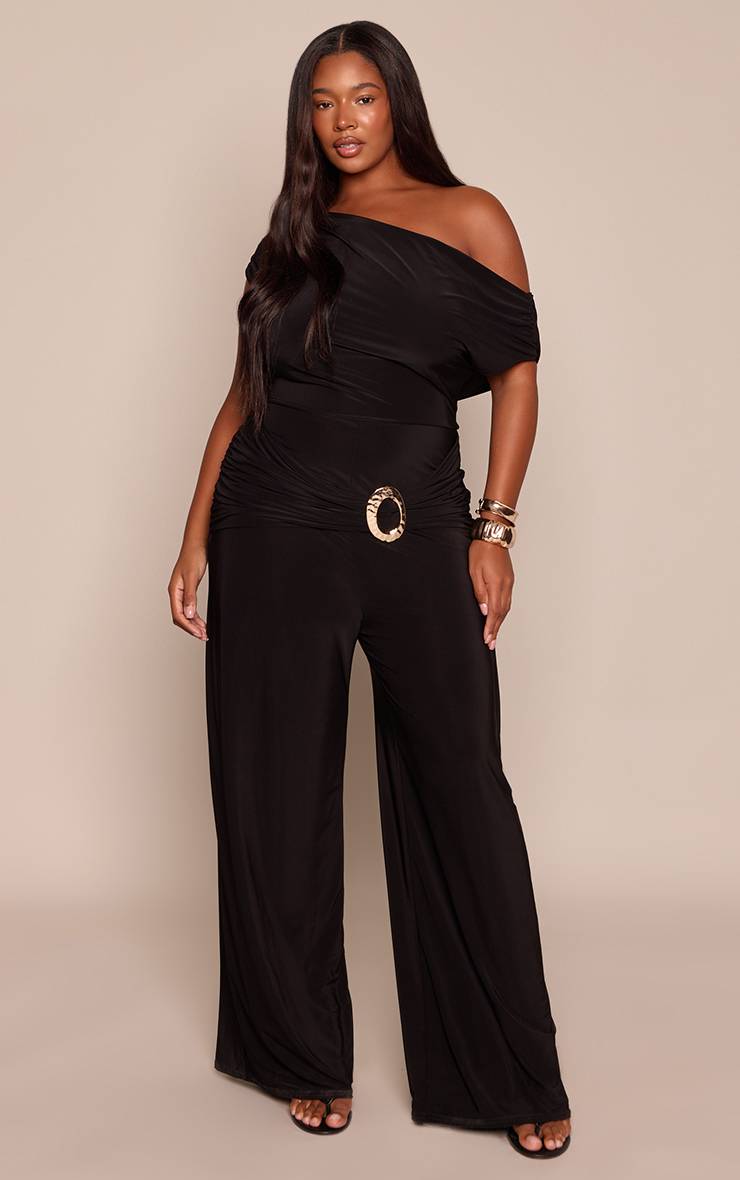 Noir Combinaison Grande Taille Jambe Large Col Asymétrique En Tissu Slinky