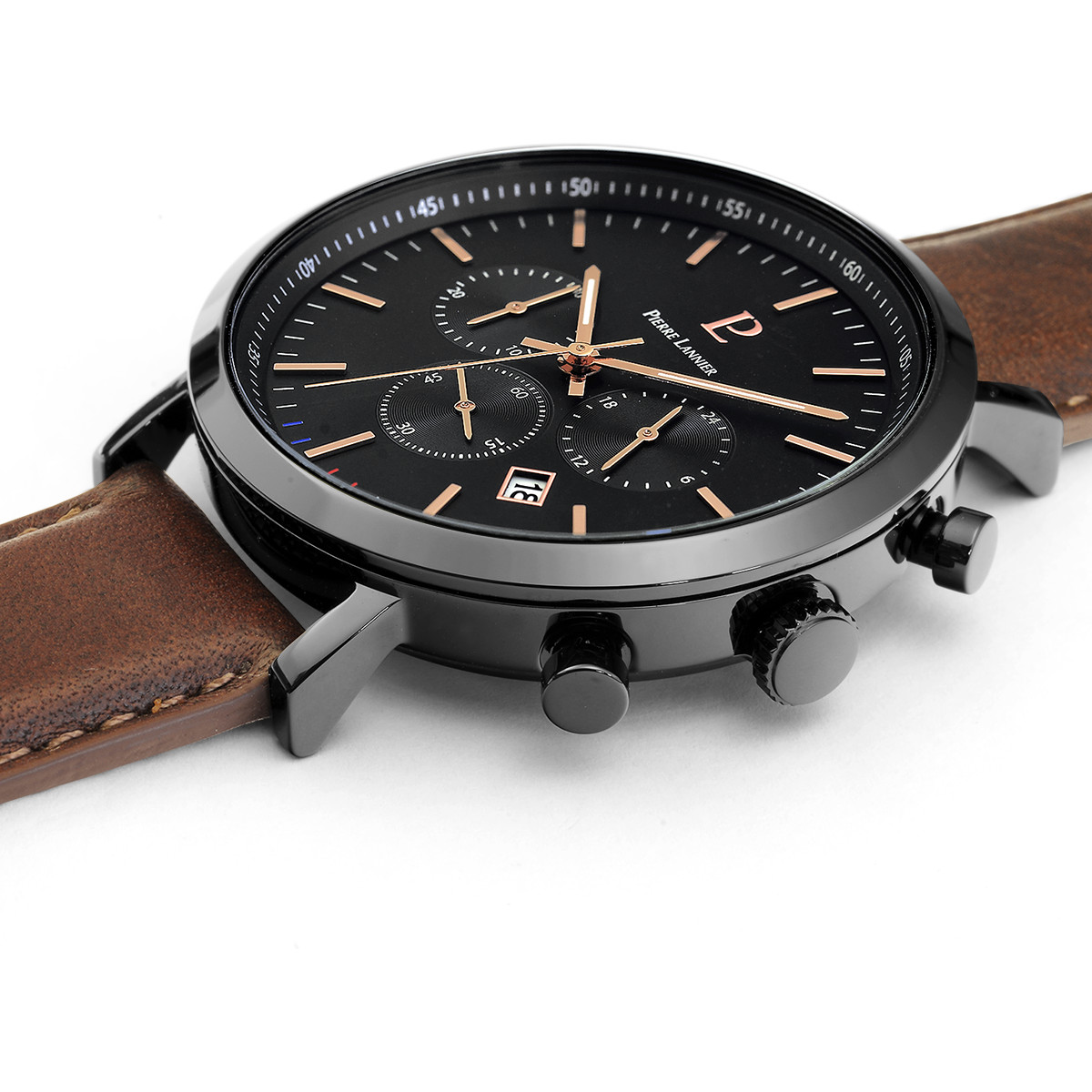 Montre Pierre Lannier homme acier noir bracelet cuir marron