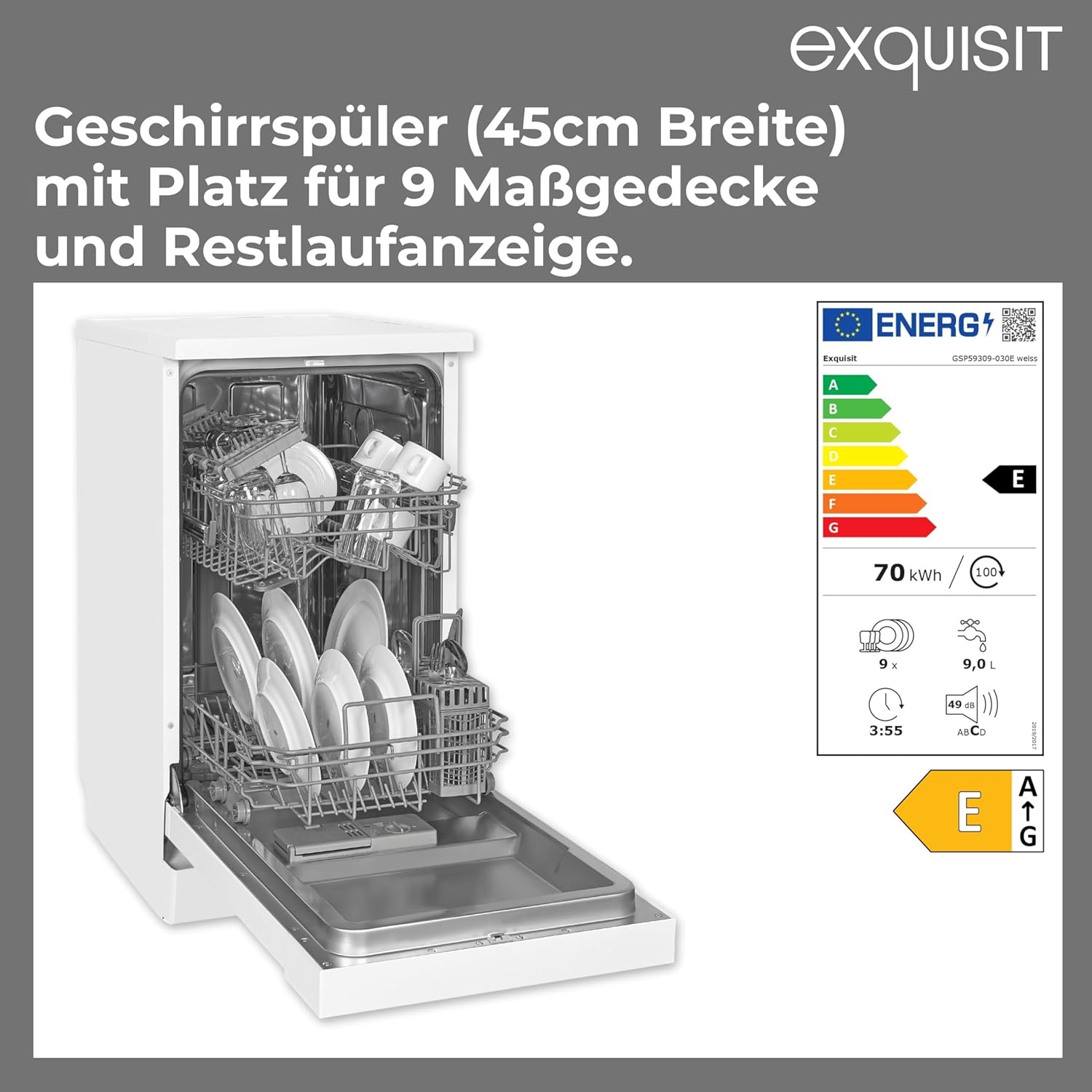 Exquisit PLUS Geschirrspüler 45 cm, Unterbaufähig, 9 Maßgedecke, 9 Liter, ECO-Programm, Startzeitvorwahl, GSP59309-030E weiss