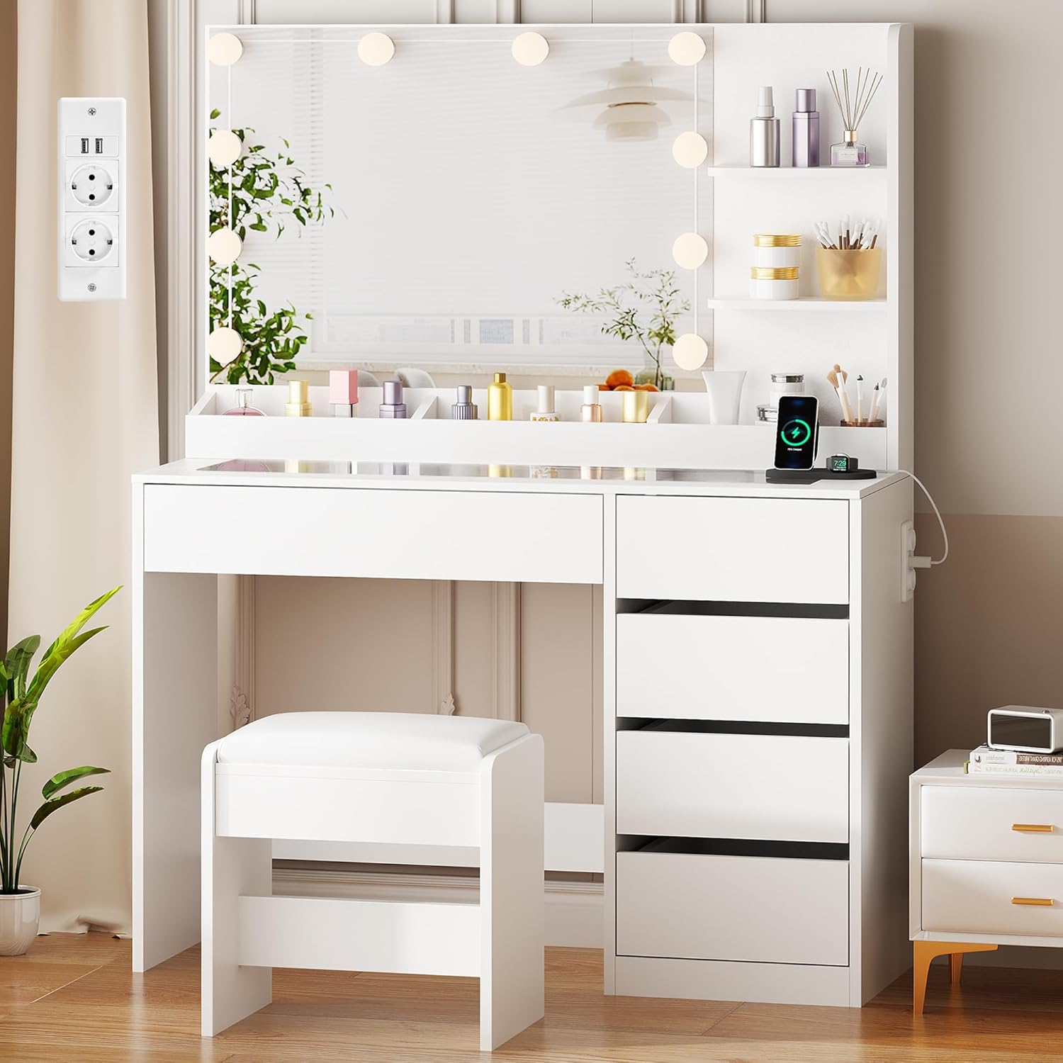 ANWBROAD Schminktisch mit LED Beleuchtung und Hocker, Glasplatte, Schminktisch mit Steckdosen und Großer Spiegel, Frisiertisch mit 5 Schubladen Offenen Regalen, Modern Weiß BDT74W