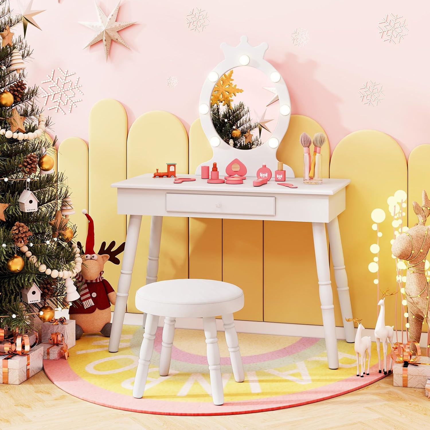 COSTWAY Schminktisch Kinder mit Beleuchtung, 2 in 1Frisiertisch Prinzessin mit abnehmbarem Spiegel & Schublade, Schminkkommde Holz mit Hocker, Kosmetiktisch Mädchen für Kinder von 3-7 Jahren (Weiß)