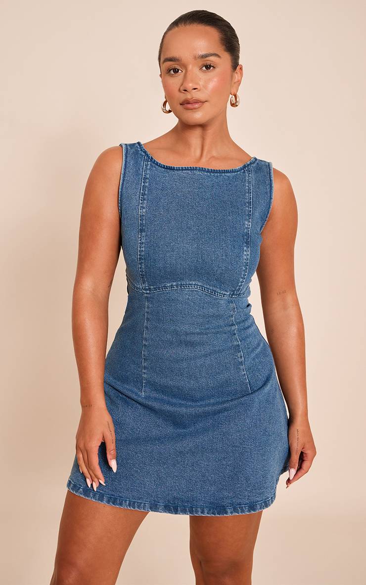 Bleu Foncé Robe Mini Évasée En Denim Stretch À Encolure Bateau Shape