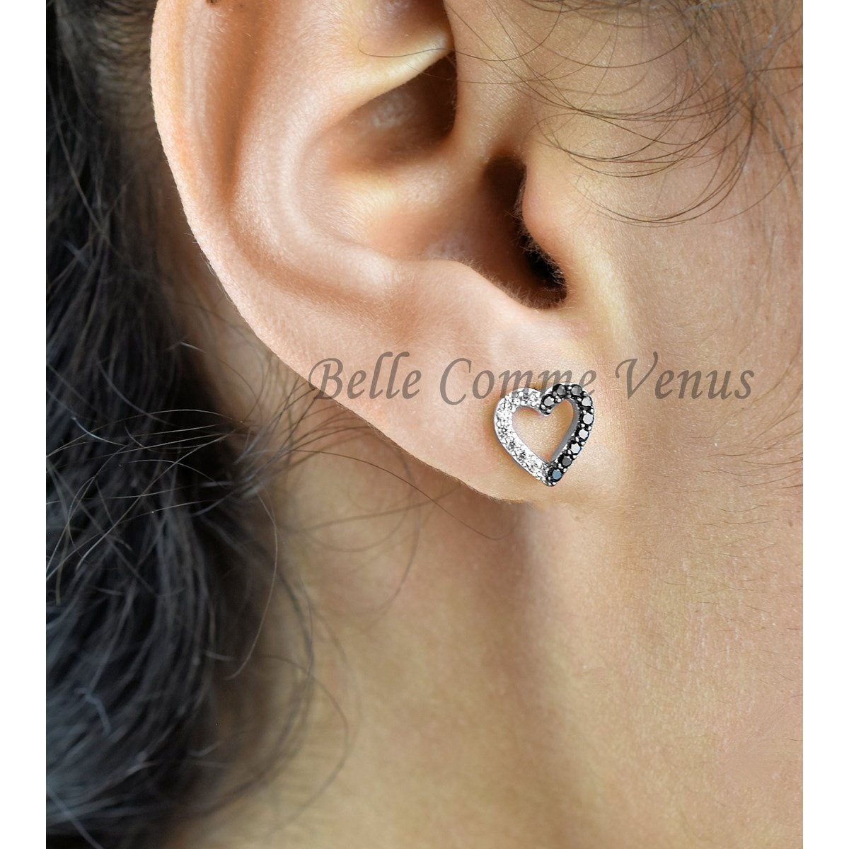 Boucles d'oreilles coeur serti d'oxyde de zirconium blancs et noirs Argent 925 Rhodié