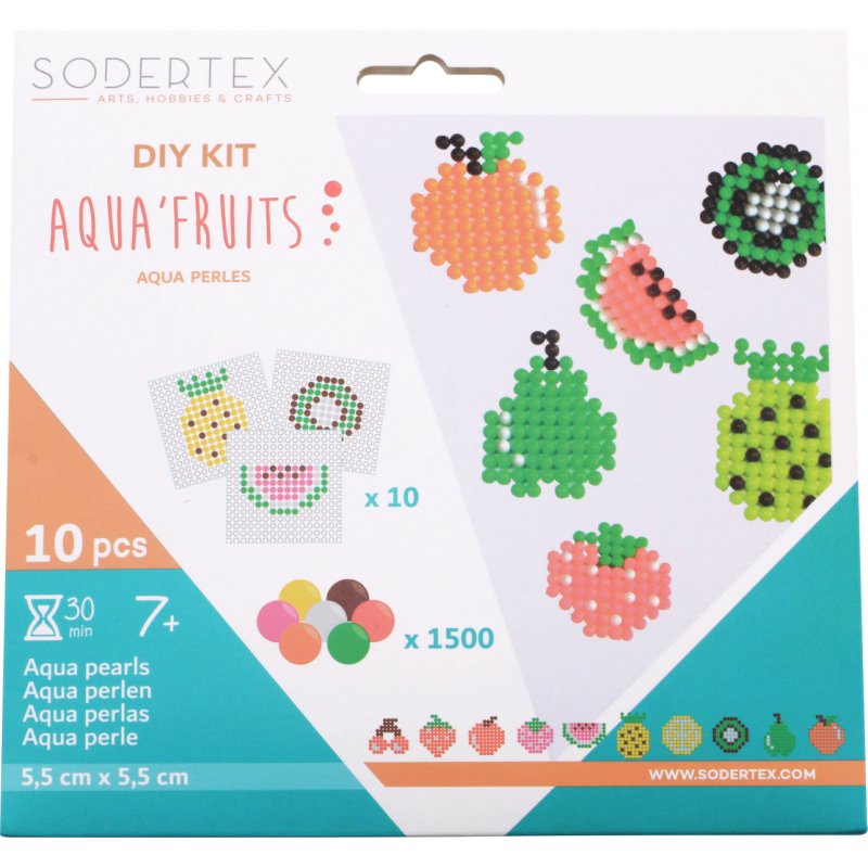 Pack aqua sodertex perles aqua'fruits + 10 mod les - 3  x 3 mm - 1500 pcs - 7 coloris assortis