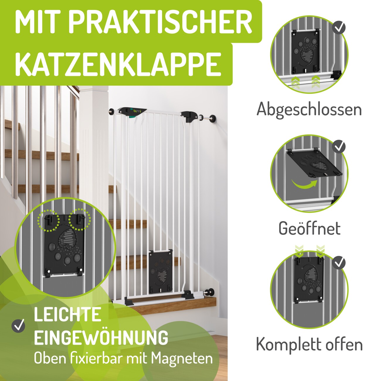 bomi Tierschutzgitter mit Katzenklappe Extrahoch 107 cm - Mira 73-143 cm in Weiß für Hunde & Katzen XS