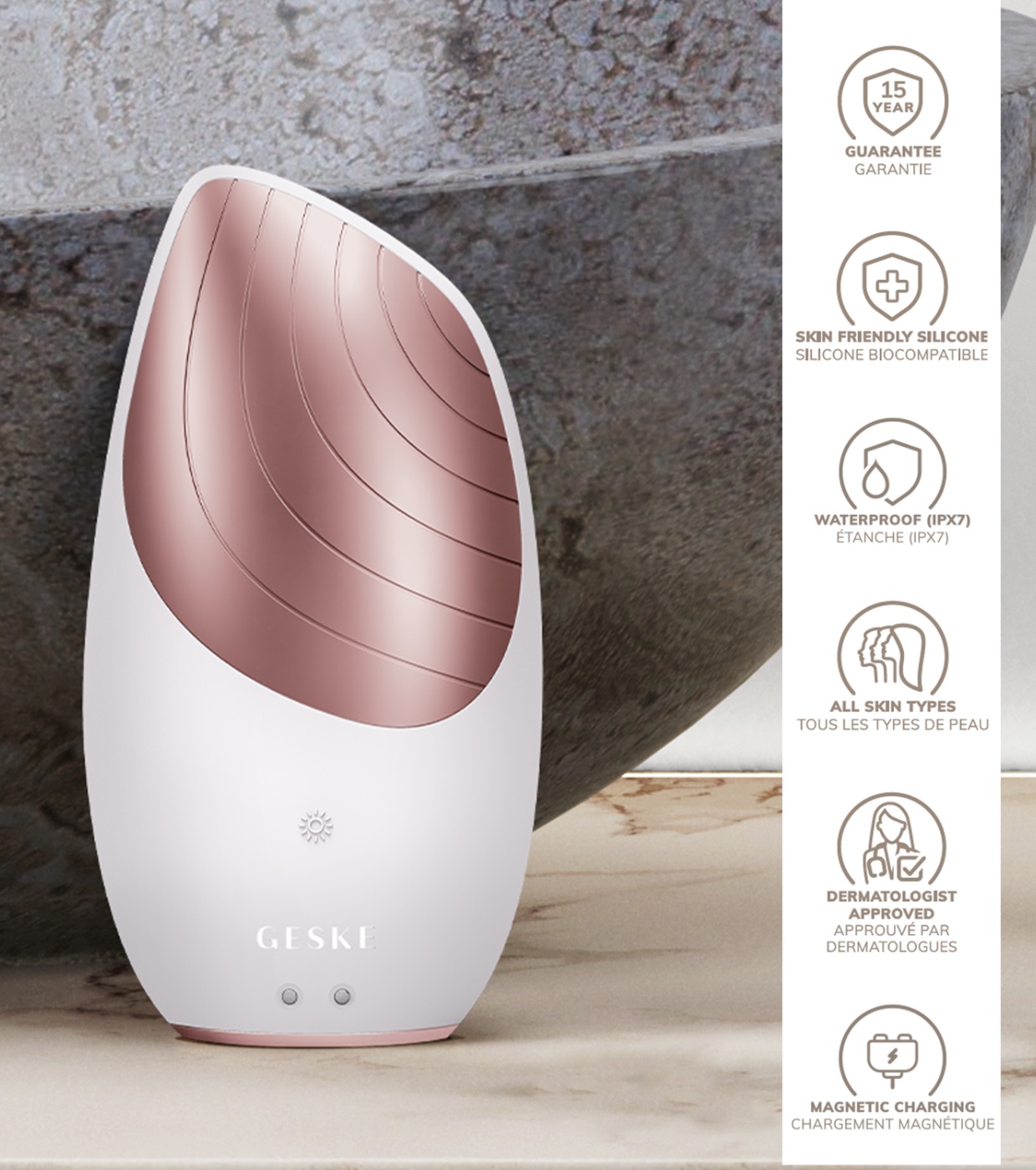GESKE - Escova de Limpeza Facial e Massageadora Sonic Thermo 6 em 1 - Branco Rosa Ouro