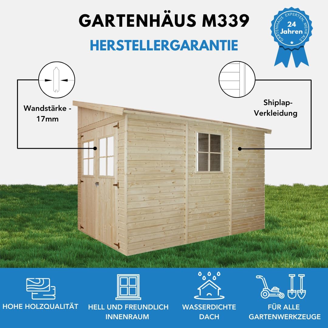Holz Gartenschuppen (ohne Seitenwand) MIT IMPRÄGNIERTEM Boden - Abstellkammer mit Fenstern - H244x211x318 cm/6,02 m2 - Gartenwerkstatt - Fahrrad- Geräteschuppen TIMBELA M339+M339G