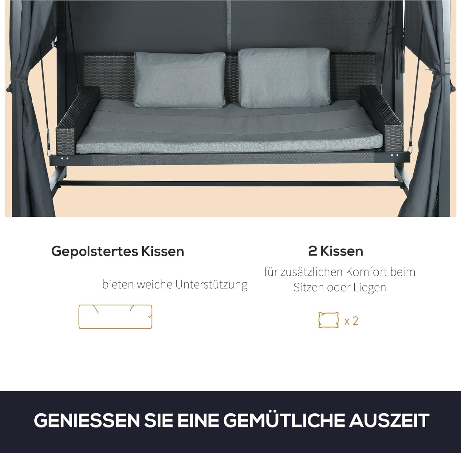 Outsunny Hollywoodschaukel mit Pergola, wetterbeständige Gartenschaukel mit Kissen, Schaukelbett für Balkon, Garten, 235 x 180 x 210 cm, Dunkelgrau