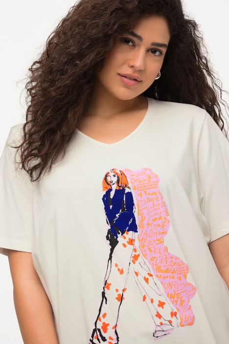 T-Shirt, Frauenmotiv, Oversized, V-Ausschnitt, Halbarm