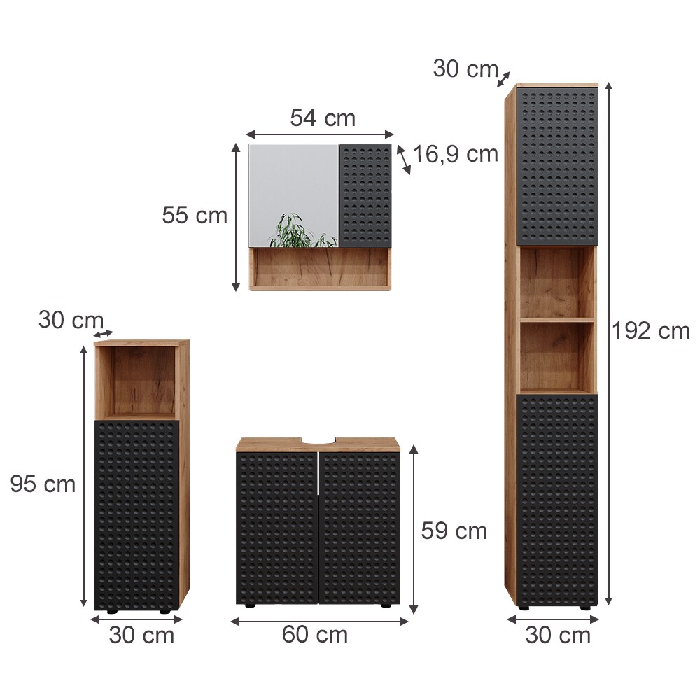 Vicco Badmöbel-Set Irma Eiche Anthrazit 4-teilig Hochschrank Midischrank 95 cm