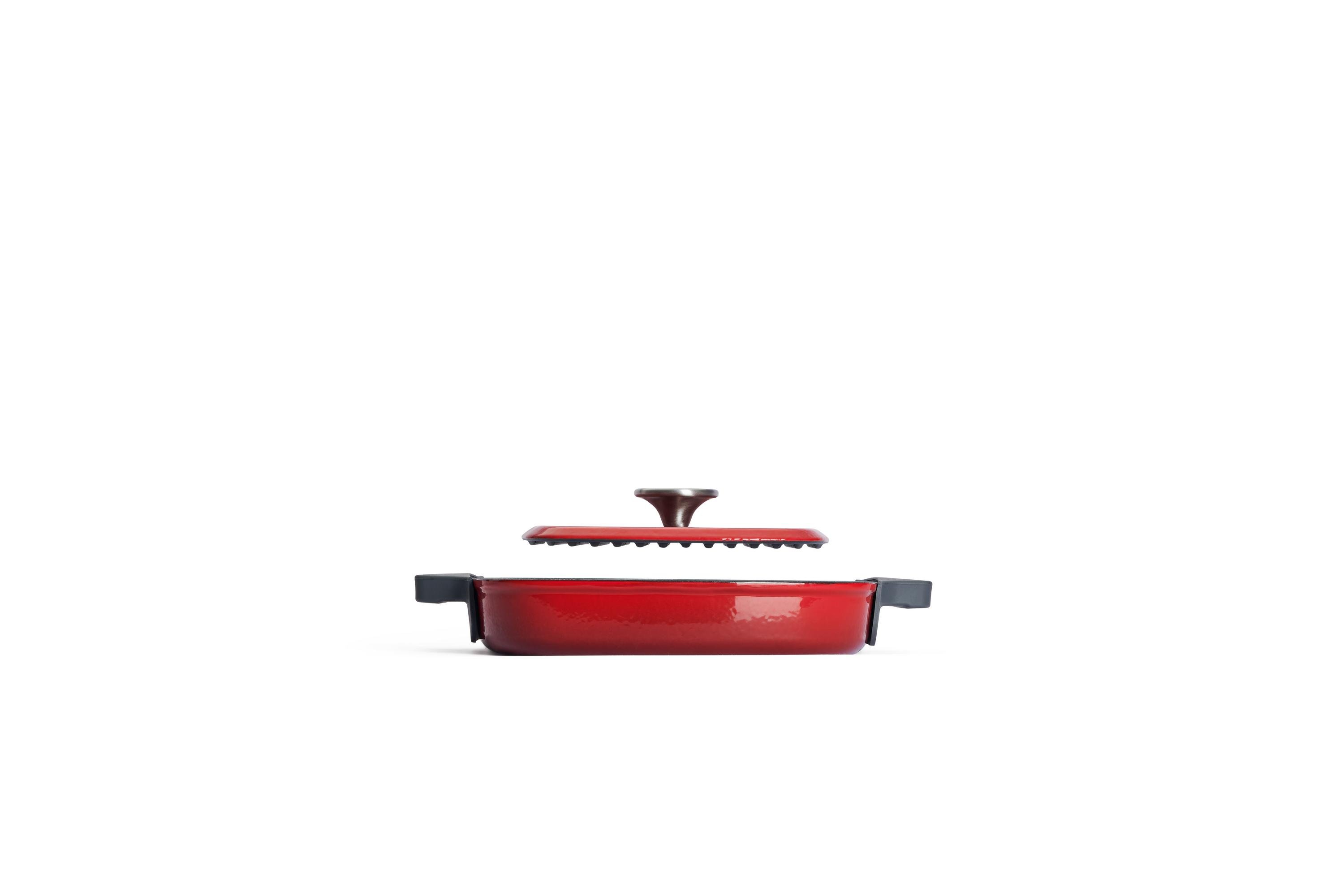 Iron Guss-Grillpfannen-Set mit 2 Steakmessern - Farbe: Chili Red