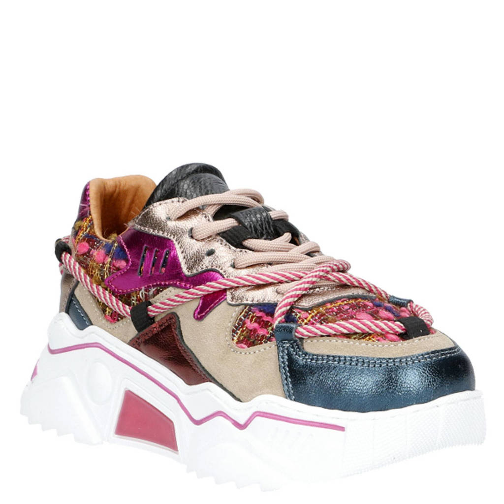 DWRS Jupiter tweed chunky leren sneakers beige/fuchsia