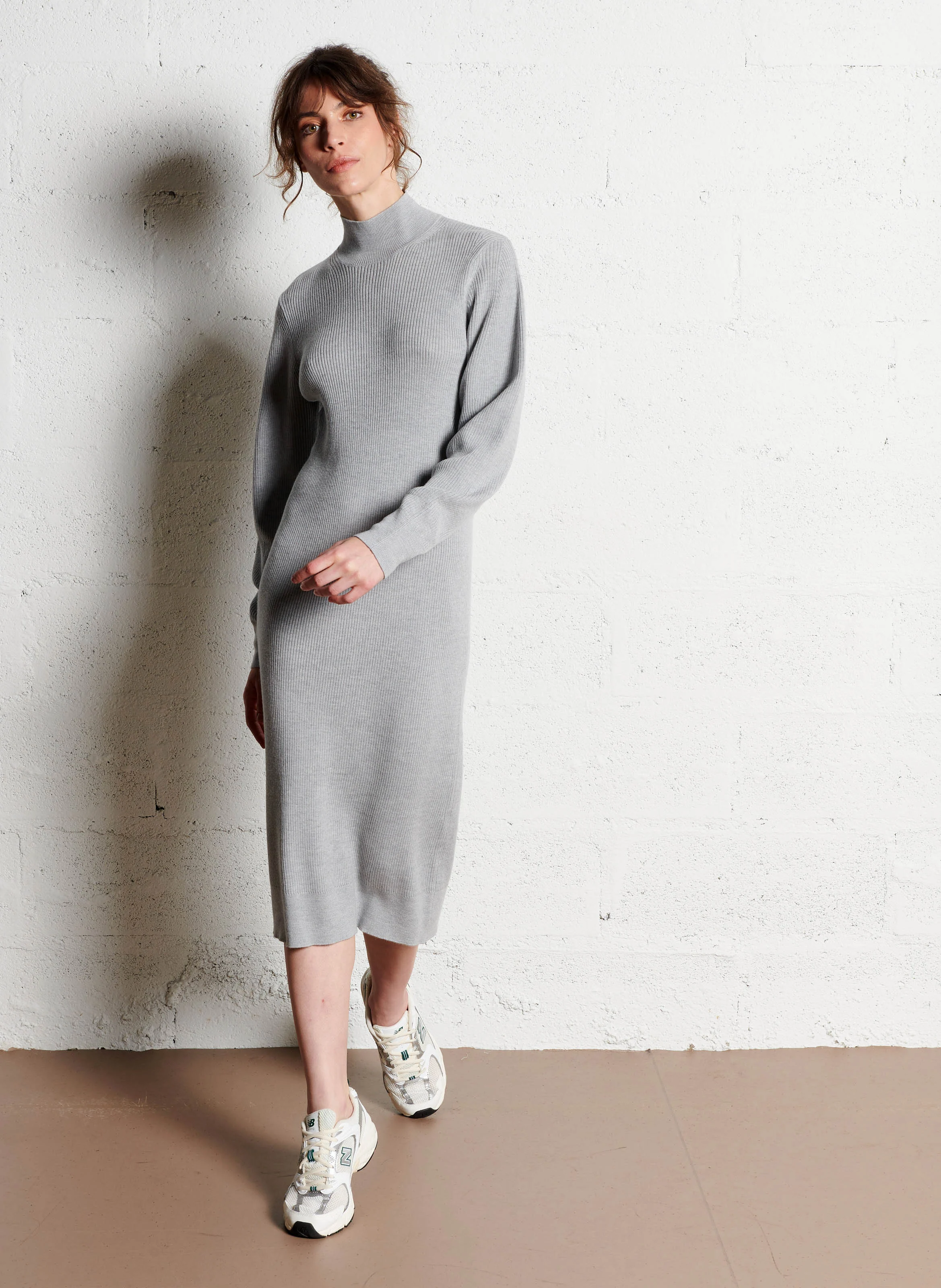 Robe midi col montant en laine | Gris
