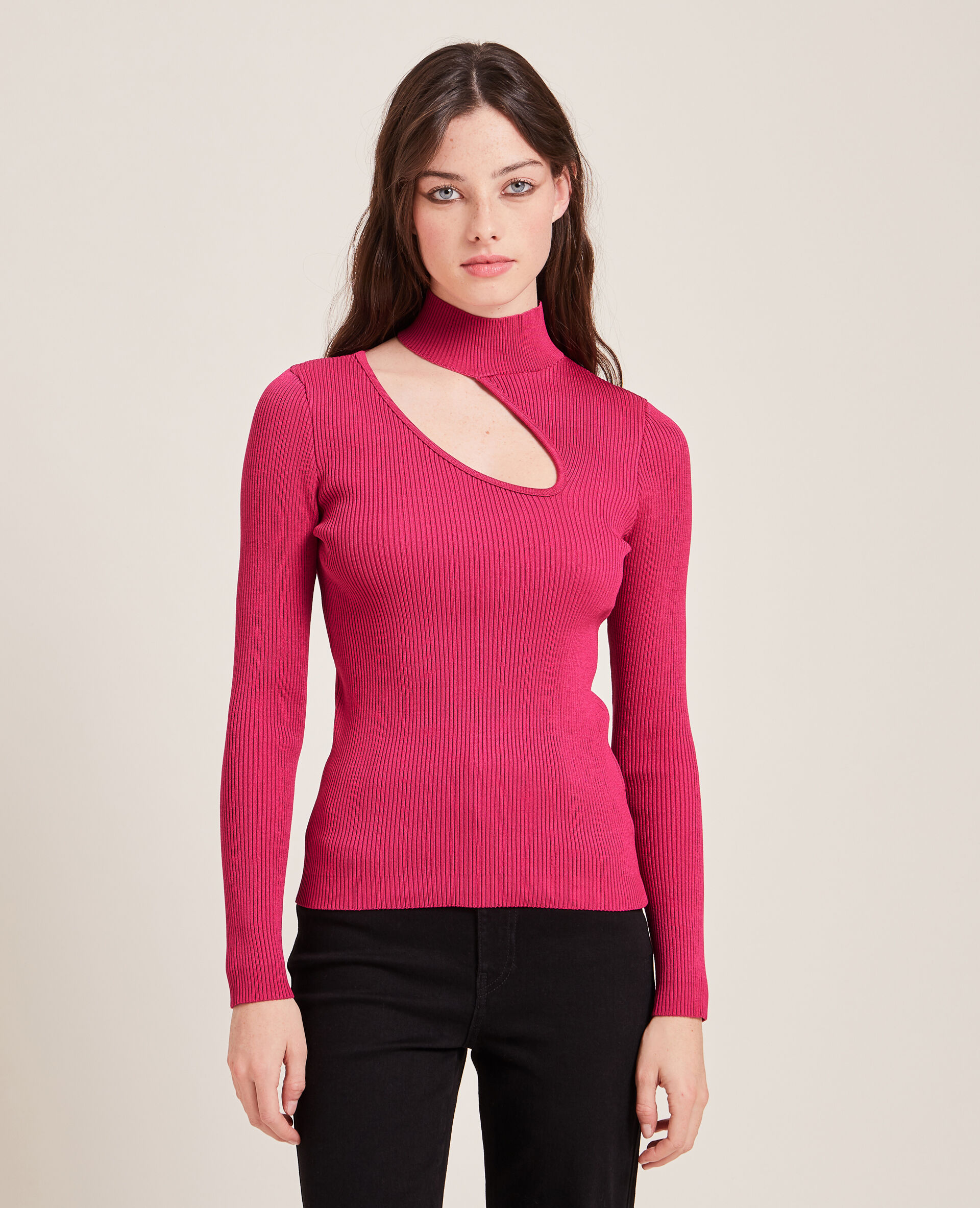 Top maille côtelée avec découpe - Rose fuchsia
