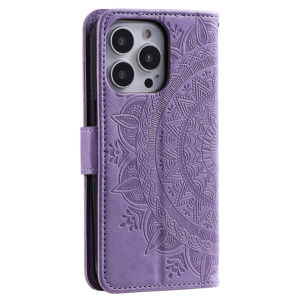 iPhone 15 Pro Max Leder Tasche Wallet - Mandala Flowers Imprint - Lila