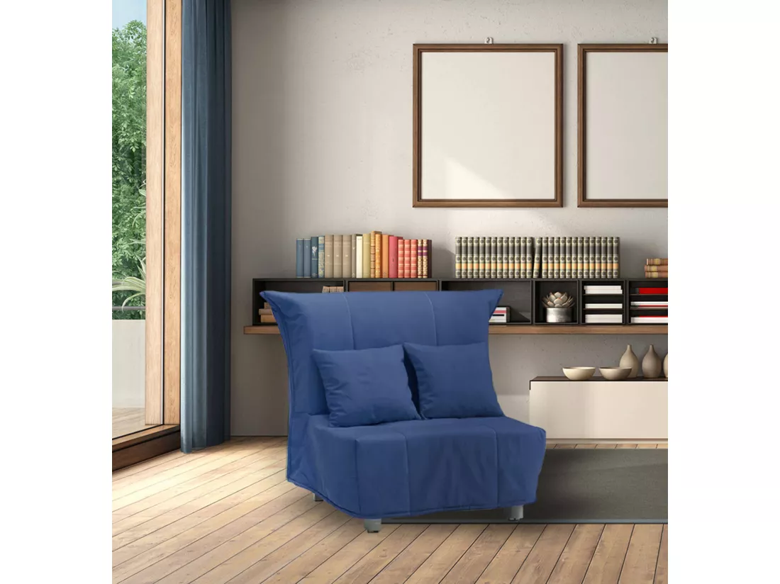 Canapé-lit Dabargi, Canapé simple, 100% Made in Italy, Fauteuil de salon avec ouverture trolley, en tissu rembourré, avec coussins inclus, 85x90h85 cm, Bleu