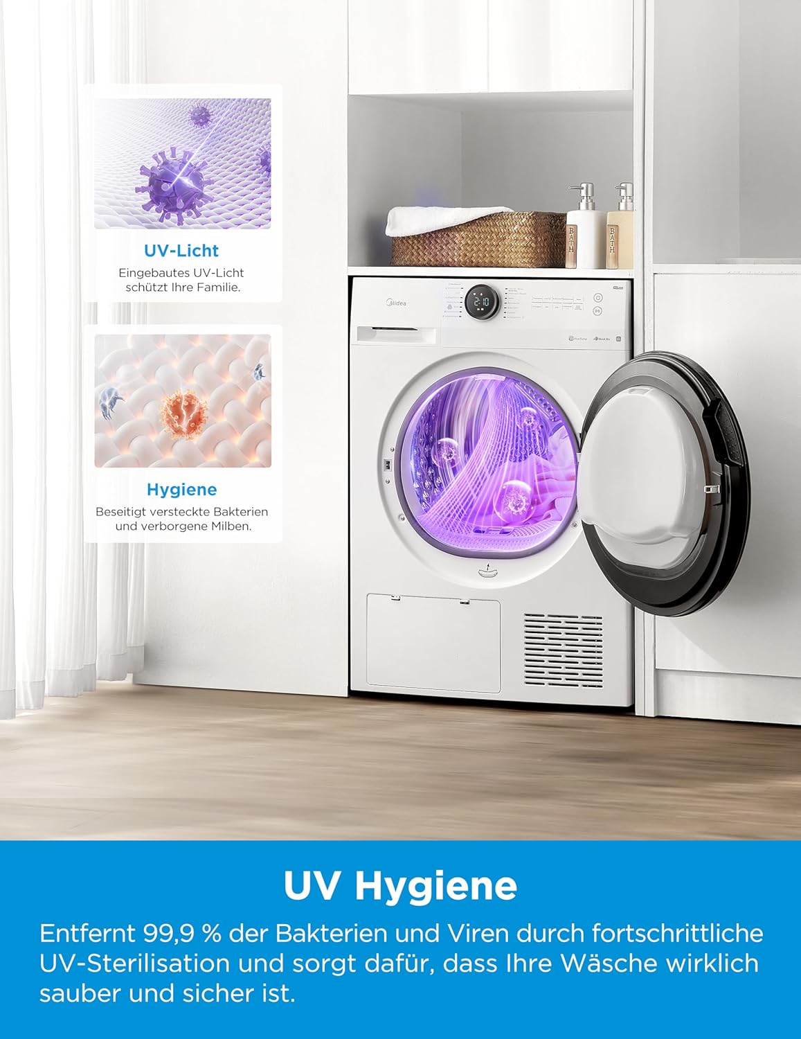 Midea MD20EH80WB-A3 Wärmepumpentrockner, 8 kg, Energieklasse C, UV Hygience, Knitterschutz, Sanfte Pflege, Auto Dry, Wollpflege, Auffrischen, Fernsteuerung, Startzeitvorwahl, Weiß