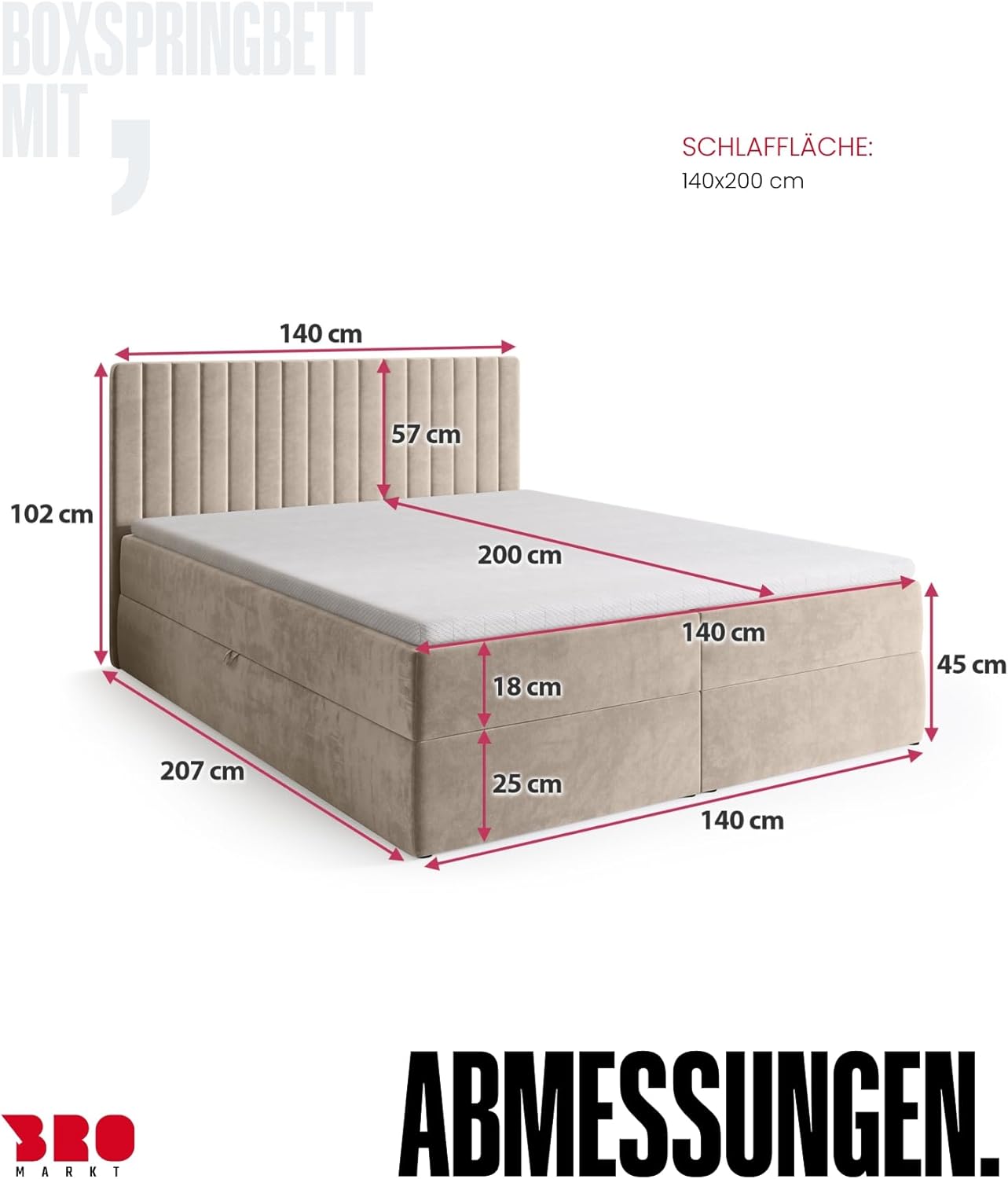 BROMARKT Boxspringbett mit Bettkasten Polsterbett mit Bonell-Matratze und Topper Doppelbett mit Stauraum Bett für Schlafzimmer gepolstertes Kopfteil Dream 140x200 Härtegrad H3 Samtstoff Beige