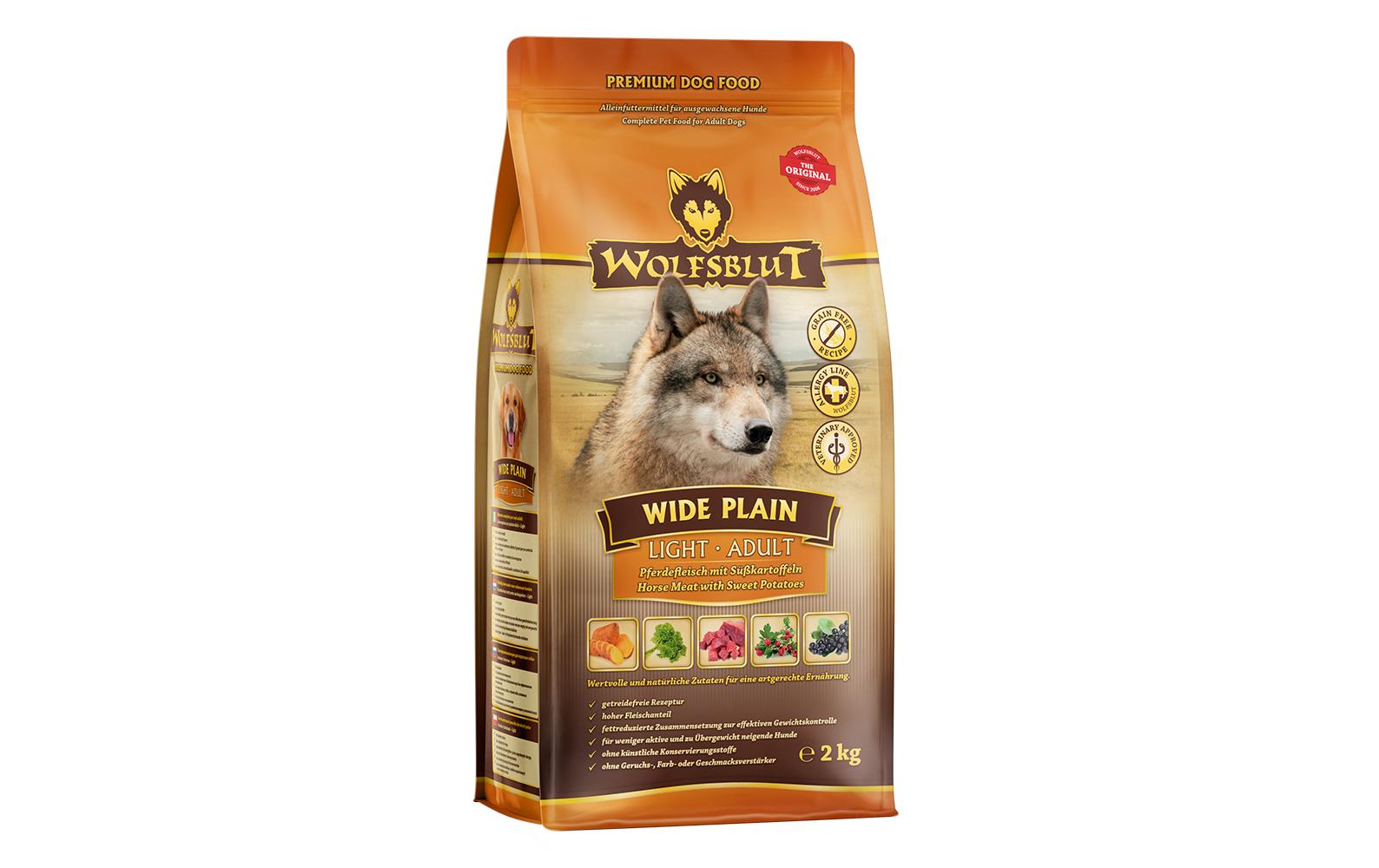 Trockenfutter Dog Adult Light Wide Plain, 2 kgAlleinfuttermittel für Hunde mit Pferdefleisch und Süsskartoffeln