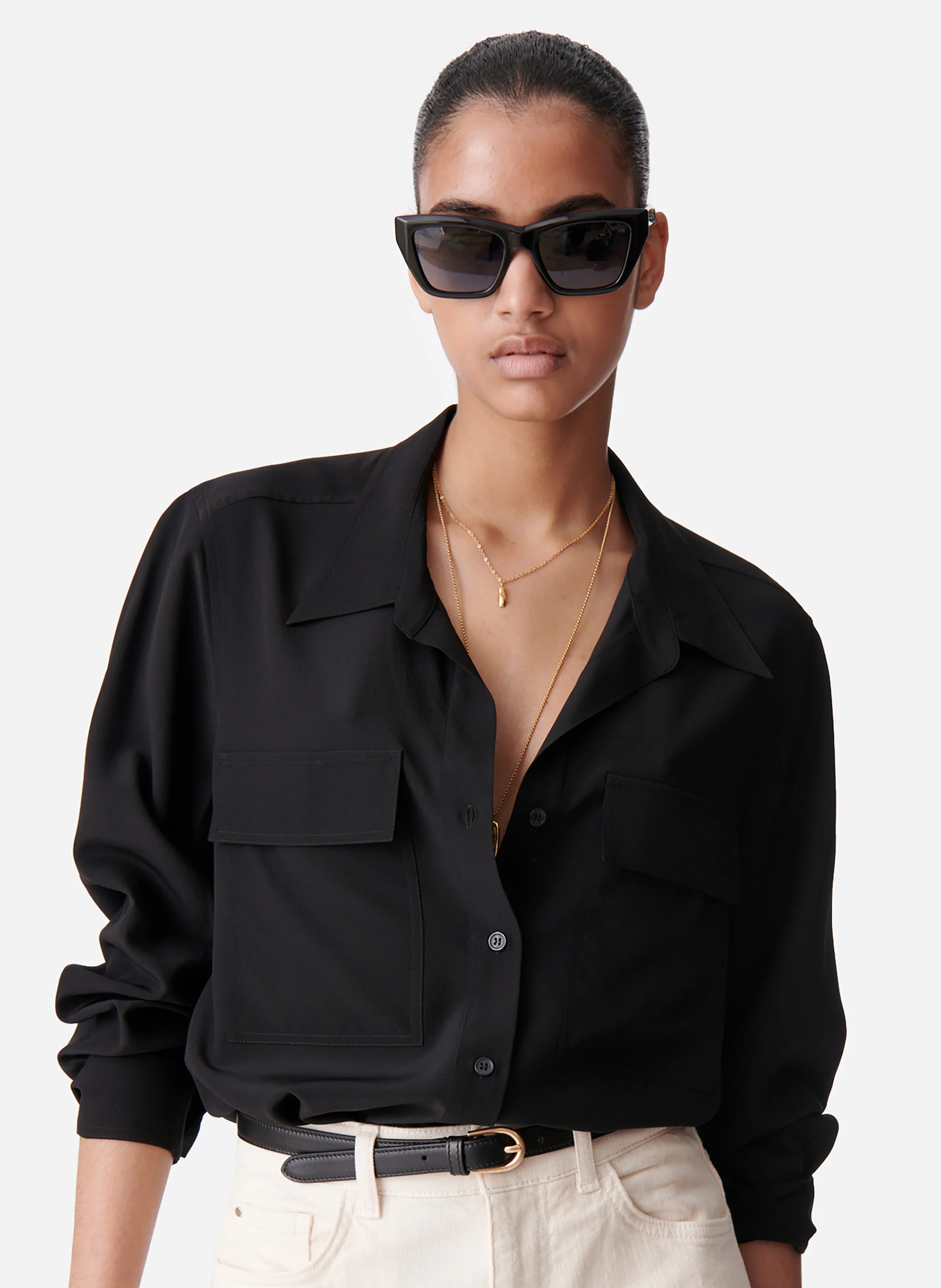 DEMO - Chemise droite et fluide en soie | Noir