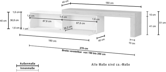 INOSIGN Lowboard »Chronos TV-Board, TV-Schrank« Breite verstellbar von 190 bis 350 cm, 1 Stk. tlg. Breite 270 cm TV-Board,Lowboard,1 Klappe und ein L-Förmiger Aufsatz
